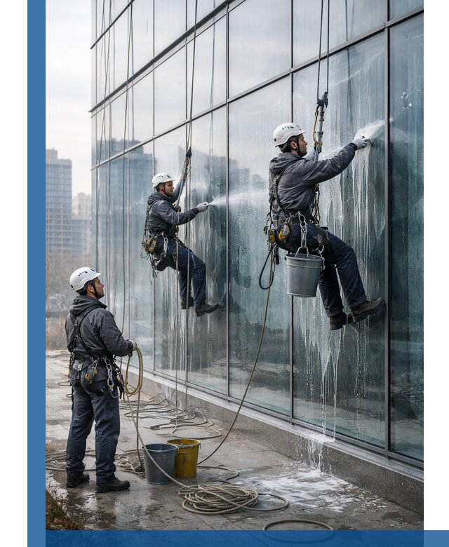 Промышленная мойка панорамных окон на высоте в Белебее