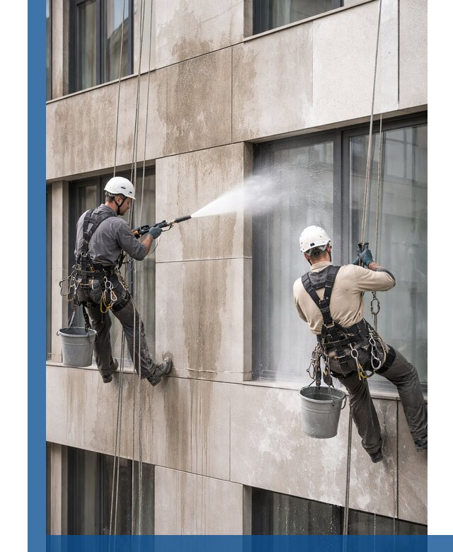 Послестроительная мойка фасада промышленным альпинизмом в Белебее