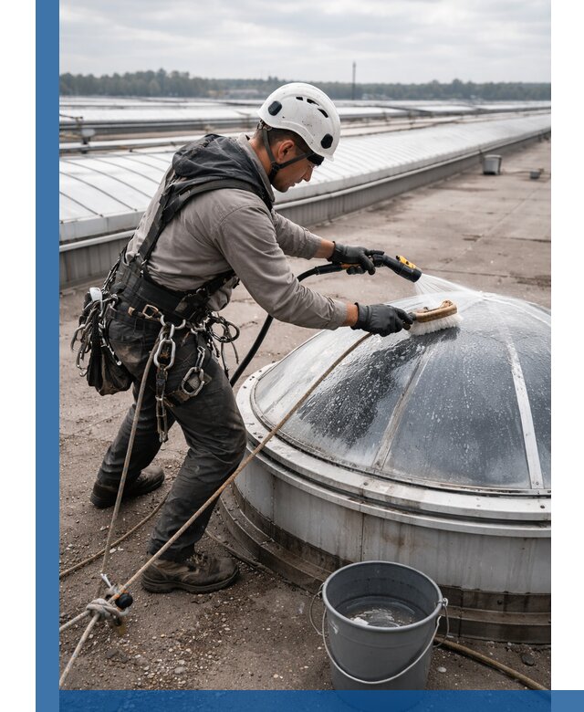 Мойка зенитных фонарей на кровле для промышленных объектов в Белебее