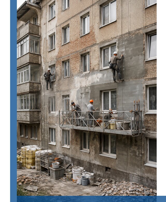 Капитальный ремонт фасада в Белебее с восстановлением и гидроизоляцией