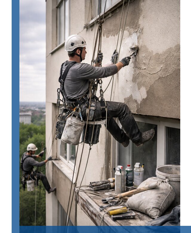 Косметический ремонт фасада зданий в Белебее промышленными альпинистами