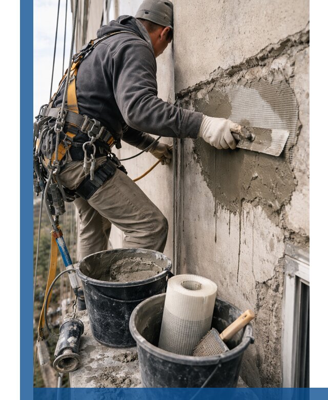 Ремонт бетонных элементов фасада промышленными альпинистами в Белебее