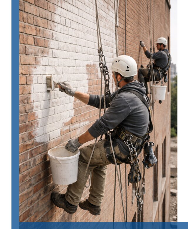 Покраска кирпичного фасада с доступным альпинистским сервисом в Белебее