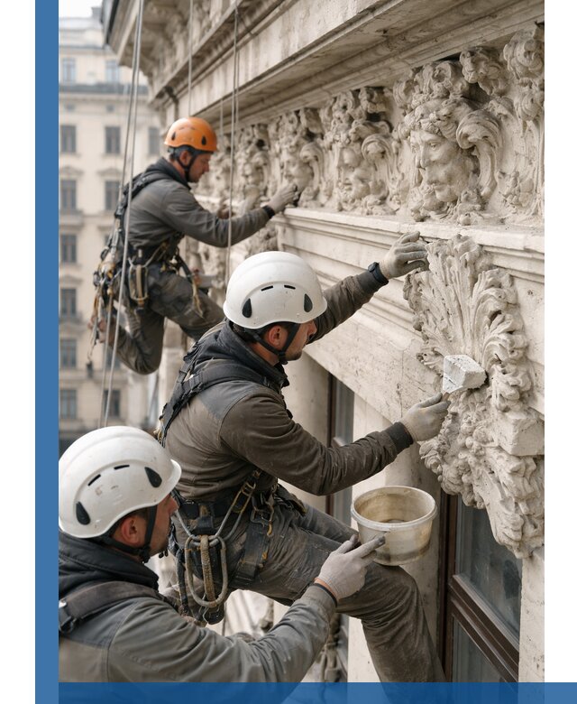 Реставрация фасадной лепнины с высотными работами в Белебее