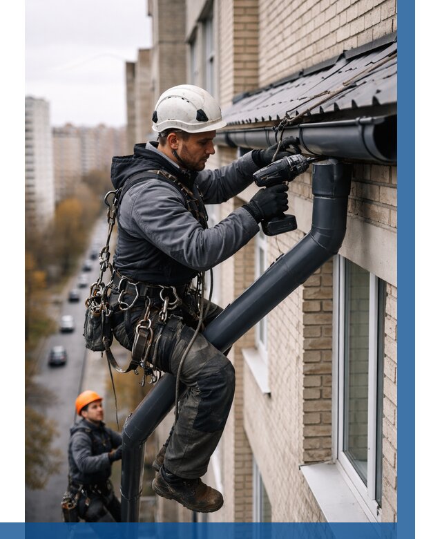 Монтаж водосточной системы на здании в Белебее от 5101 р. | ВЫСОТНИК-Блб