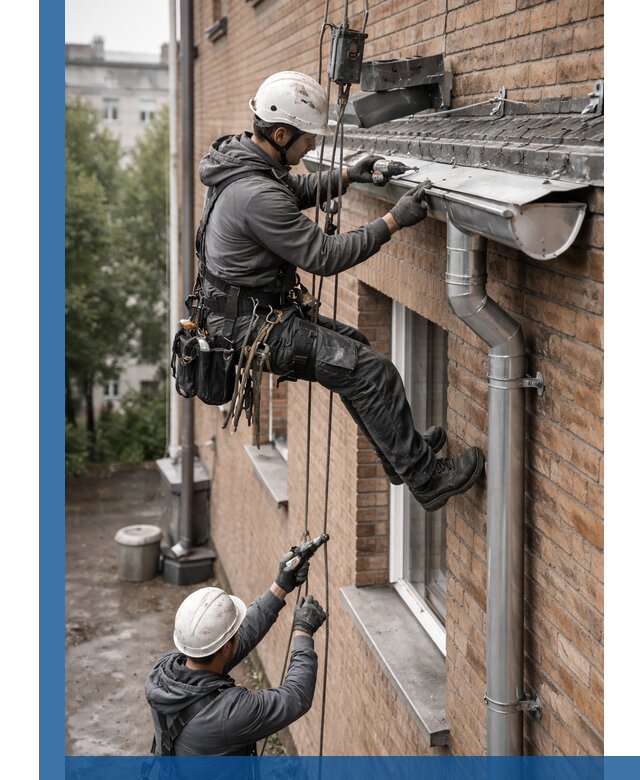 Монтаж водосточной системы на здании в Белебее под ключ