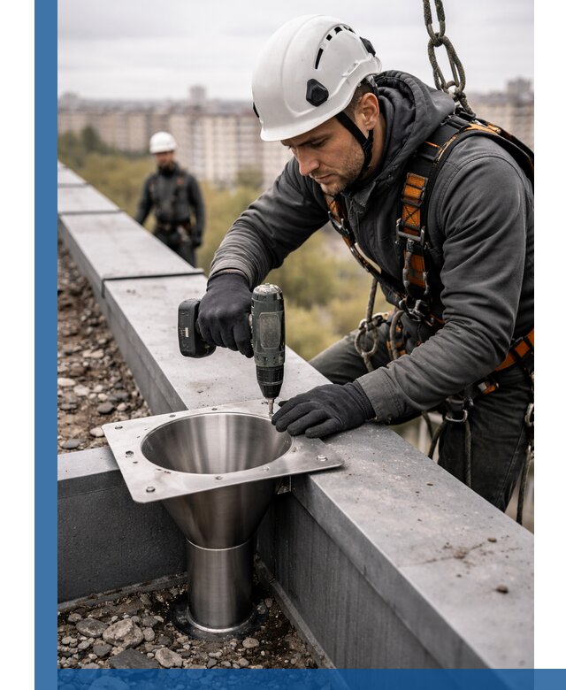 Монтаж водосточных воронок в Белебее для промышленных зданий