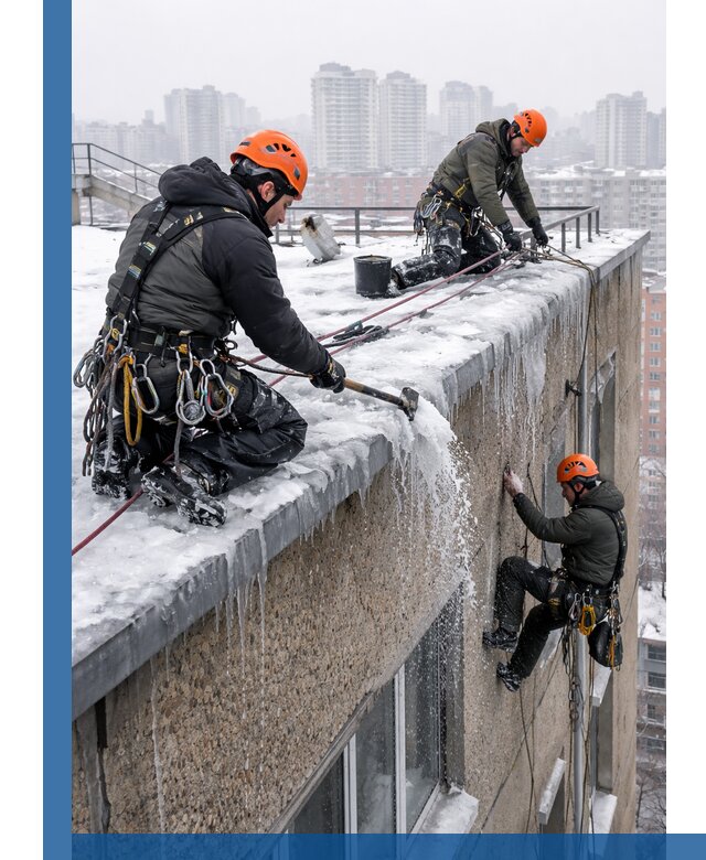 Удаление наледи с кровли в Белебее промышленными альпинистами