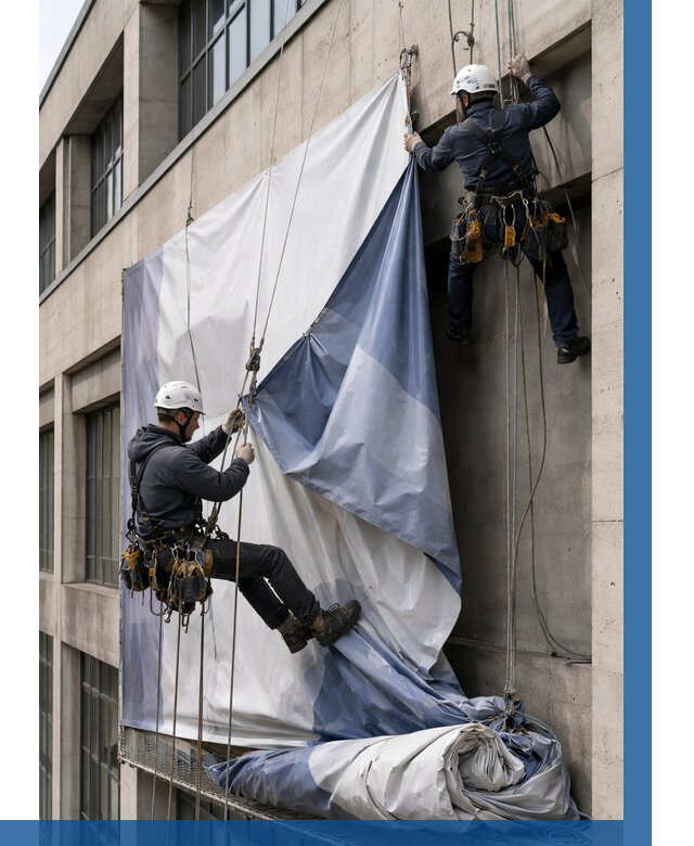 Демонтаж баннеров с фасада в Белебее от 4590 р. | ВЫСОТНИК-Блб