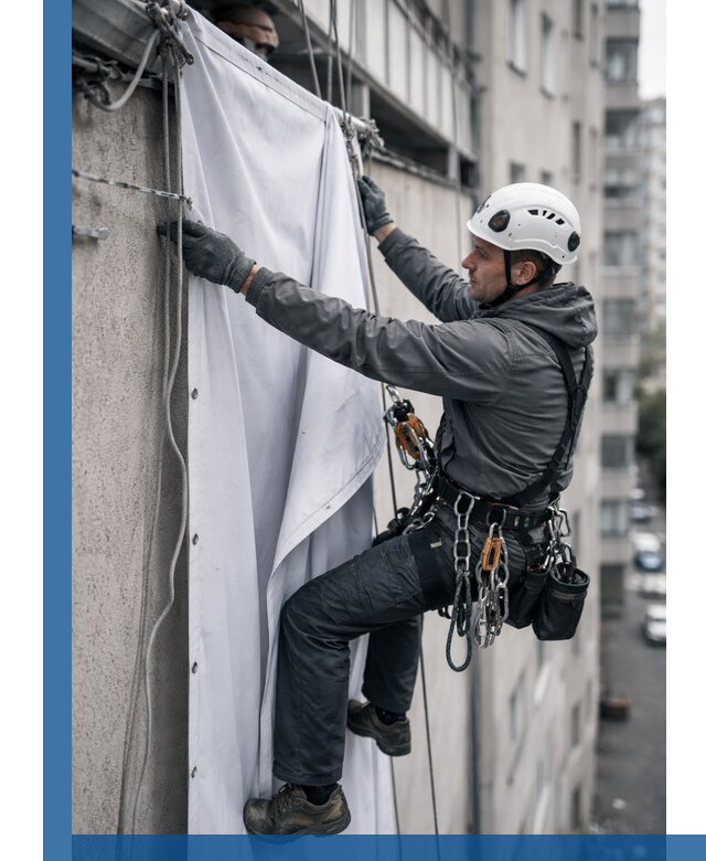 Замена баннерного полотна промышленными альпинистами в Белебее