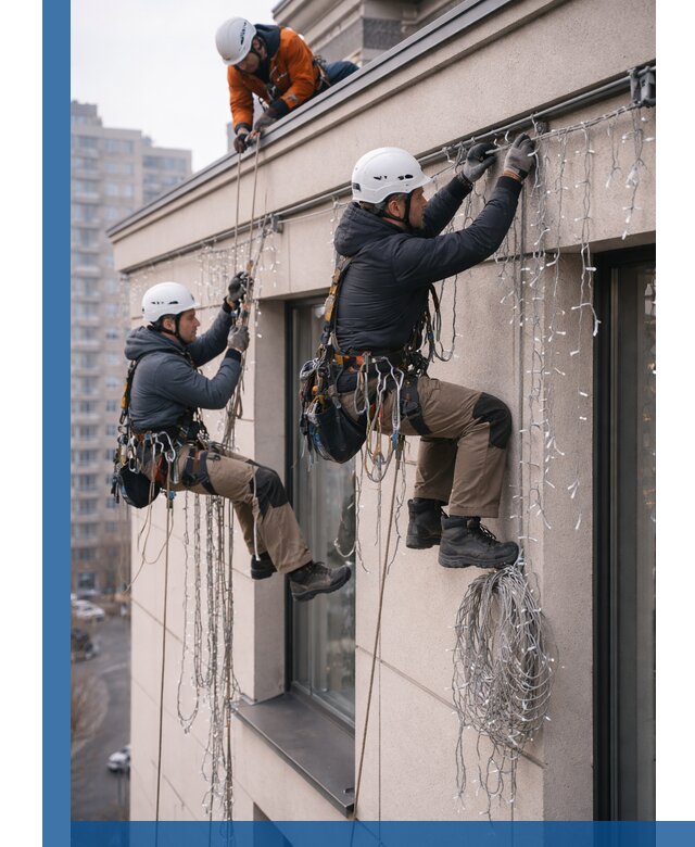 Монтаж праздничных гирлянд на фасаде в Белебее для зданий