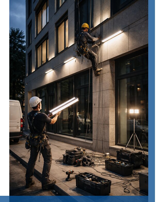 Монтаж архитектурной подсветки здания в Белебее от 2550 р.|ВЫСОТНИК-Блб