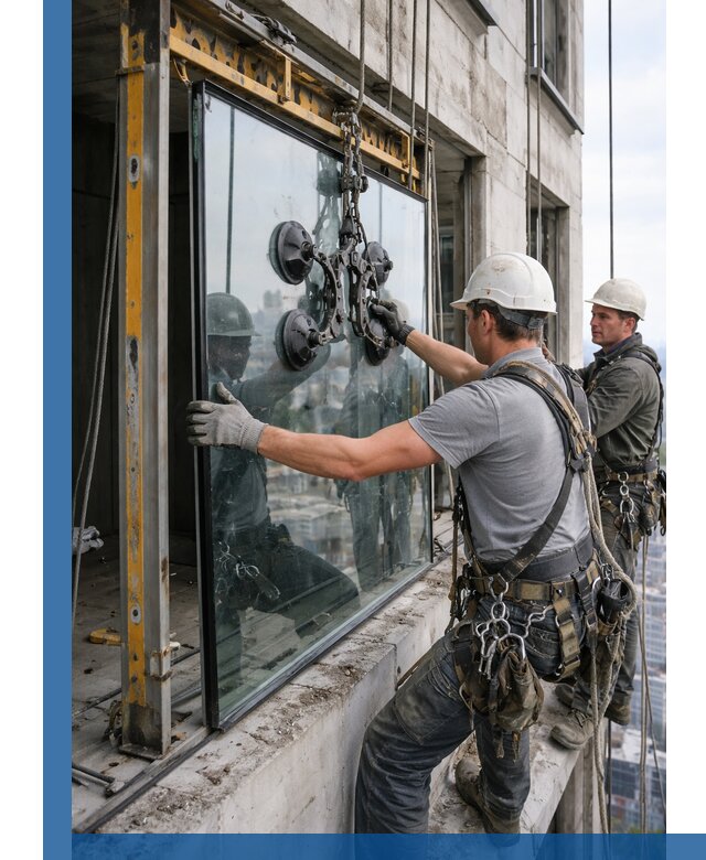 Монтаж стеклопакетов на высоте в Белебее с промышленным альпинизмом