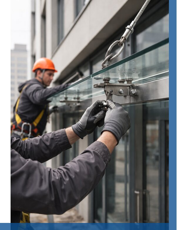 Монтаж стеклянных козырьков в Белебее от 8671 р. | ВЫСОТНИК-Блб