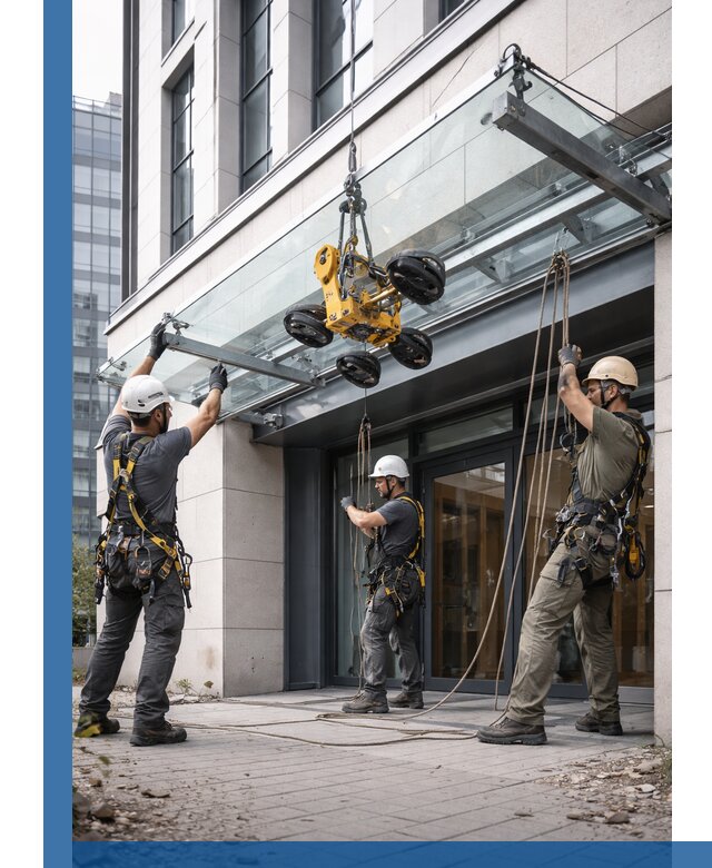 Монтаж стеклянных козырьков под ключ в Белебее для зданий