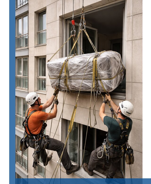 Подъем грузов через окно в Белебее промышленными альпинистами