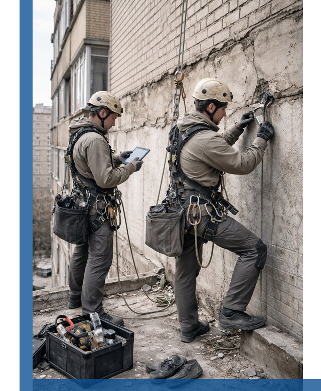 Обследование фасада промышленными альпинистами в Белебее